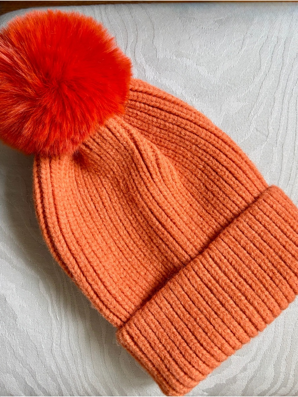 Bright Orange Knit Pom Pom Beanie Hat